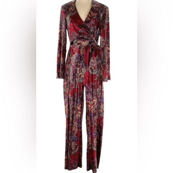 Free People Delphine Velvet Paisley Wine Jumpsuit Wide Leg One Piece. Large - Picture 6 of 7